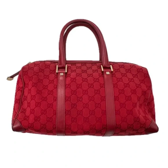 GUCCI GG Canvas Boston Bag, Red Jacquard Fabric, Red Leather Trim, Authentic